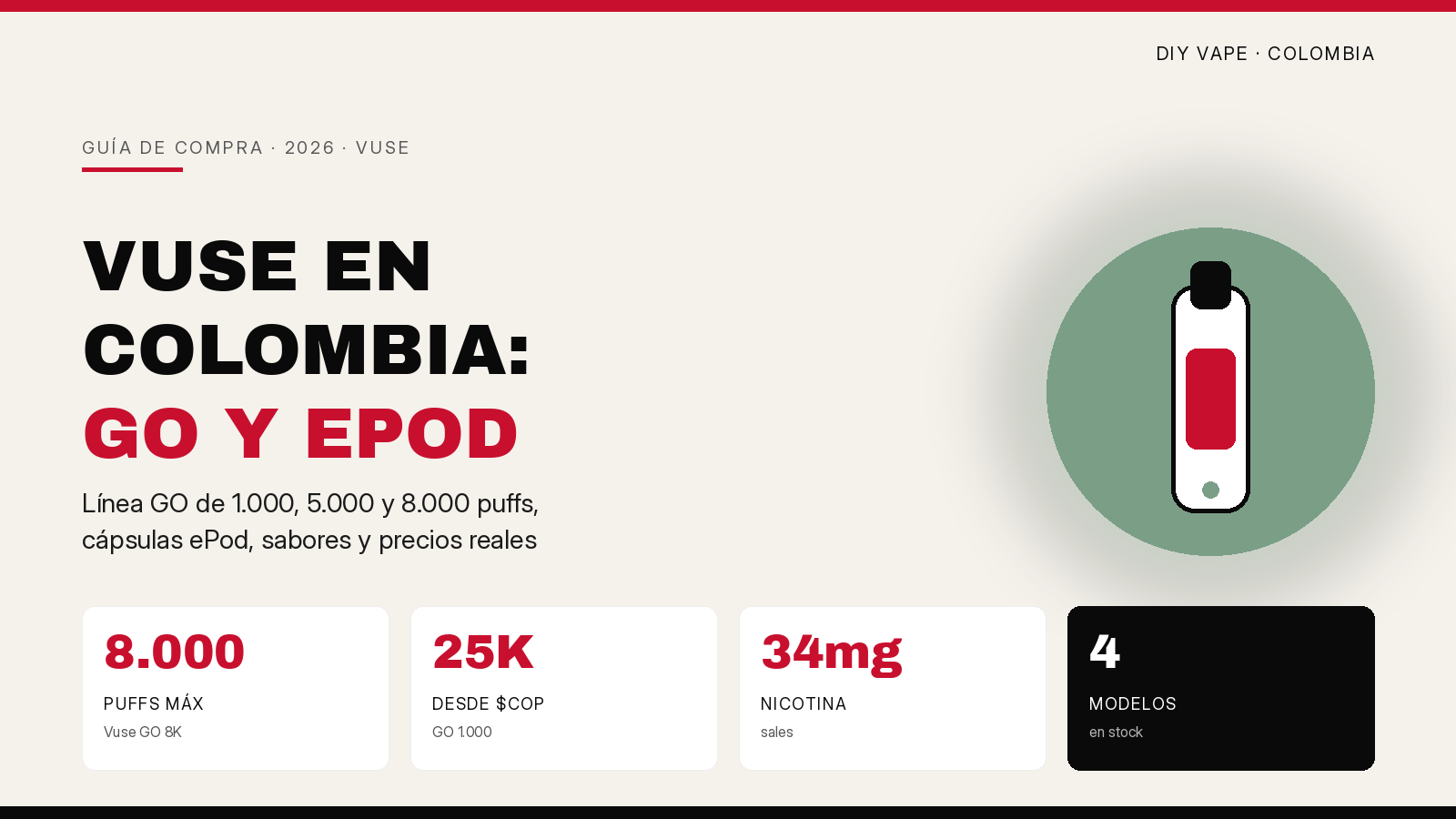 Vuse en Colombia: modelos GO 1000, 5000, 8000 puffs, ePod y precios 2026 - DIY Vape