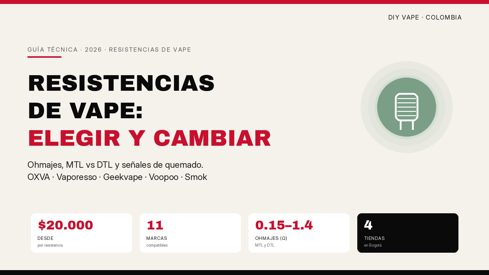Guía de resistencias de vape en Colombia: ohmajes, MTL vs DTL y modelos OXVA, Vaporesso, Geekvape