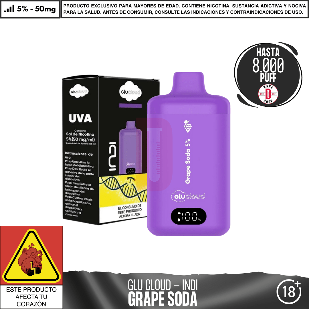 Glu Cloud - INDI 8000 PUFF - Vape Desechable - Glu Cloud | DIS - GLUC - IND - GRS - 50