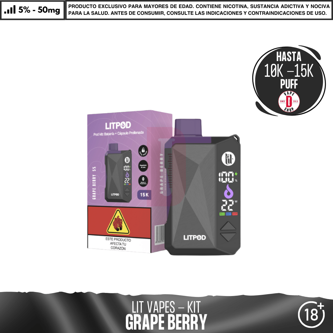 Litpod Kit 10000 - 15000 PUFF - Vape Desechable - Lit Vapes | EQC-LIT-LPK-GRBE