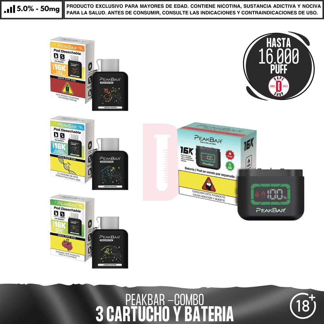 Peakbar Combo (3 Cartuchos + Batería) - Vape Desechable - Evapify | 